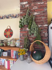 Mother and toddler apple picking at a prairie orchard during early autumn, holding baskets of red apples under golden trees
